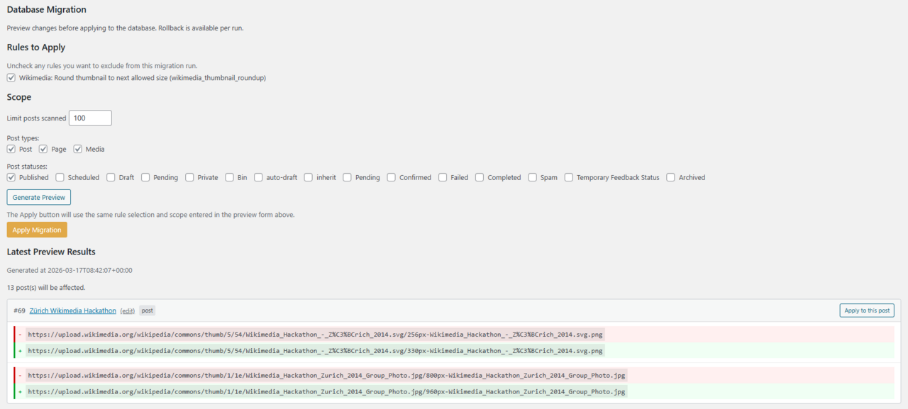 How to Use Wordtune for Content Rewriting in 2026 — Screenshot of Wordpress content find and replace plugin for Wikimedia thumbnail rewrites DB change